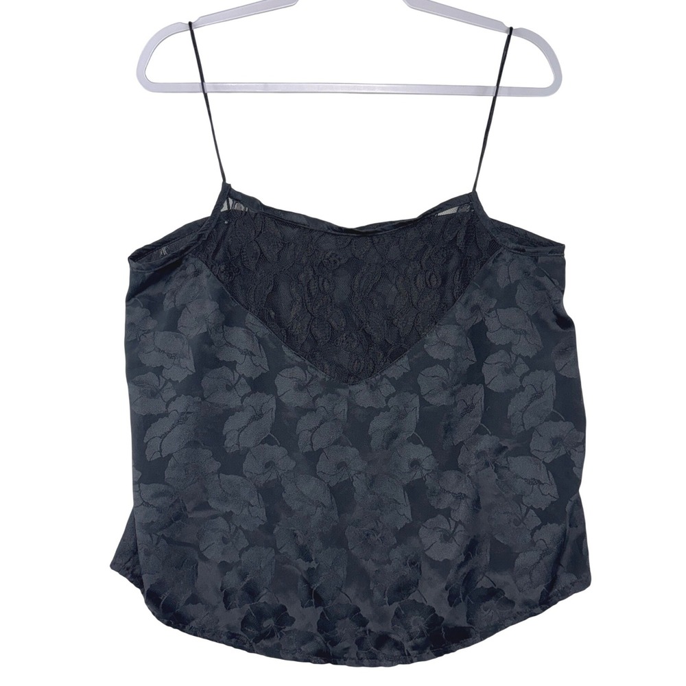 Black Floral Jacquard Camisole‎ with Lace Inset V-Neck Spaghetti Strap Top